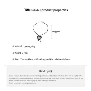 Detail of leather heart puppy pendant necklace showing dimensions 66cm plus 14cm extension