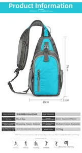 Water-resistant blue chest bag detail showing 19x38x11cm dimensions and 0.22kg weight