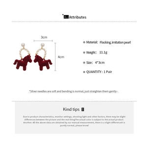 Detail specifications of red flocked pony earrings with size, weight, and material info