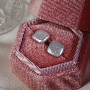 Baroque square natural freshwater pearl studs in iridescent silver grey with S925 silver