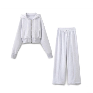 Women's light grey cropped zip-up hoodie and high-waist wide-leg track pants set