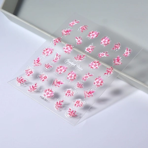 3D floral nail art stickers featuring pink flowers and green leaves, model FEB-781