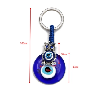 Detailed dimensions of owl evil eye keychain with glass pendant and silver alloy frame