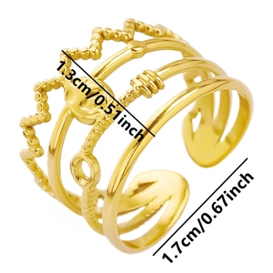 Detail view of gold multi-layer adjustable ring with dimensions 1.3cm height and 1.7cm diameter