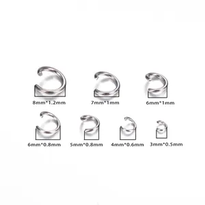 Detailed size chart for stainless steel open jump rings showing various wire diameters