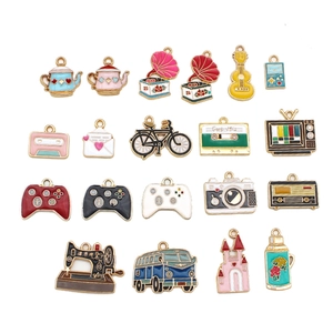 Set of 19 vintage alloy enamel charms featuring retro sewing machine and camera designs