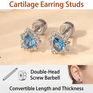 Water Drop Blue Zircon Cartilage Stud Earrings Titanium Steel Threaded Screw Back Sweet Style Jewelry For Women