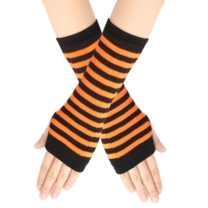 Detail of orange and black striped knitted fingerless gloves showing the textured arm sleeves