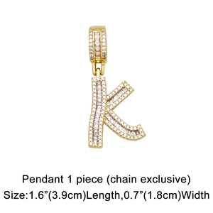 Detailed close-up of gold-plated letter K pendant with cubic zirconia inlay 3.9cm