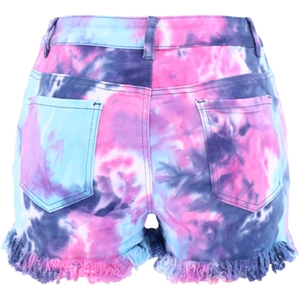 Detailed back view of high waist tie-dye denim shorts with frayed hems in pink and blue