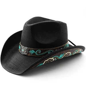 Black woven straw cowboy hat with ethnic embroidery and butterfly metal buckle