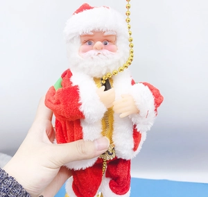 Detail of Santa Claus climbing a gold bead chain with red plush suit and white beard