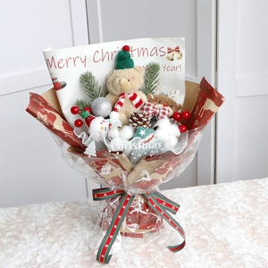 Christmas bear plush bouquet with reindeer and snowman in festive red gift wrap