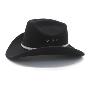 Detailed side view of black wool cowboy hat featuring metal eyelets and white beaded band