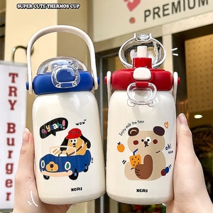 Borraccia Termica Bambini Acciaio Inossidabile 316 Isolamento Sottovuoto Doppia Bevanda Cannuccia Maniglia Portatile Antiperdita Cartone Orso Cane Studente