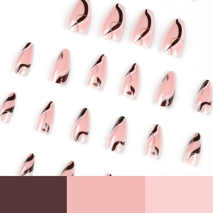Pink and brown wavy almond press-on nails with silver glitter lines on white background