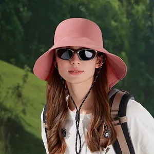 Pink wide-brim sun hat with neck protection and polka dot wind cord for outdoor hiking
