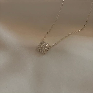 Minimalist 925 sterling silver necklace with a micro-pave zircon square pendant
