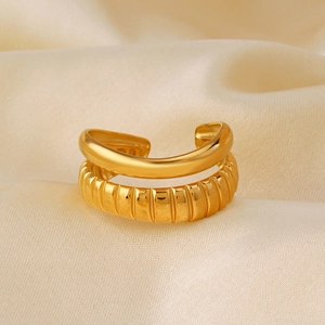 Golden double-layer stainless steel ring with smooth lines and French croissant texture