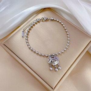 Silver stainless steel bead bracelet with Fu character lock and bell on jewelry box