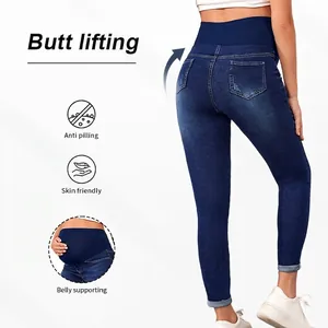 High waist maternity skinny jeans with belly support and butt lifting in dark blue