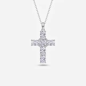 Moissanite Cross Pendant Necklace 925 Sterling Silver Iced Out Hip Hop Style Minimalist Sparkly Jewelry Luxury Gift