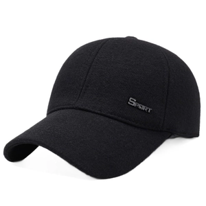 Mens winter wool baseball cap in black with side metal sport badge and ear protection