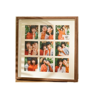 3x3 grid wooden photo frame for nine square pictures in walnut finish with white mat
