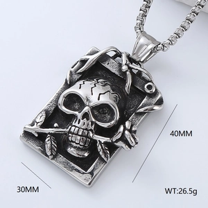 Detail shot of gothic skull and rose embossed pendant with dimensions and weight specs