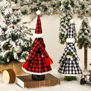 Christmas buffalo plaid wine bottle cover set with mini hats and skirts for table decor