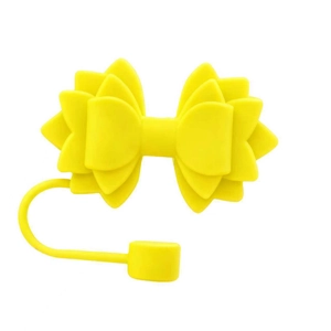 Macro detail of yellow silicone bow straw cover with anti-lost strap for Stanley cups