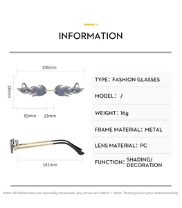 Detailed dimension chart for rimless flame sunglasses with metal frame and PC lenses