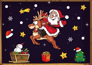 Detail of Christmas window clings featuring Santa on reindeer and snowman with gifts