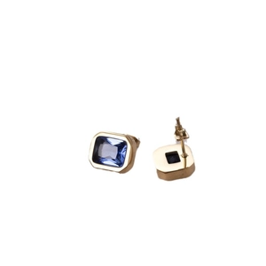 Minimalist gold titanium steel earrings featuring rectangular dark blue zircon stones