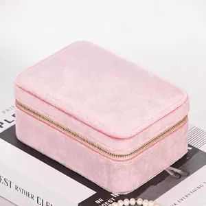 Elegant pink velvet double-layer jewelry box for girls with a secure gold metal zipper