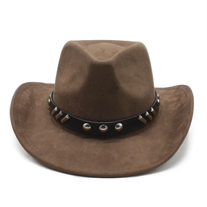 Detail of dark brown faux suede cowboy hat with silver rivets on a black leather band