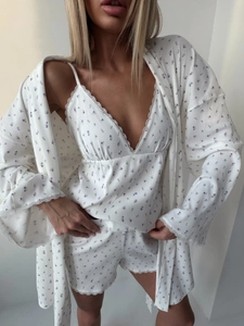 Women Floral Ribbed Cotton Sleepwear Cami Top Shorts And Long Sleeve Cardigan With Lace Trim Sweet Loungewear