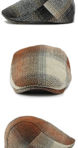 Detailed views of a vintage herringbone ivy cap with earthy color patchwork pattern