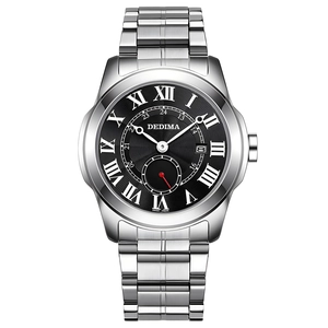 Men's waterproof stainless steel watch with black dial and Roman numeral markers