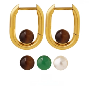Orecchini A Cerchio A U Acciaio Al Titanio Placcato Oro Retrò Geometrico Con Occhio Di Tigre Agata Verde Imitazione Perla Artificial Donna