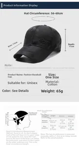 Size chart for camouflage cotton baseball cap with 56-60cm adjustable head circumference