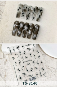 Detail of TS-3140 nail stickers featuring black ink-wash flower patterns and text