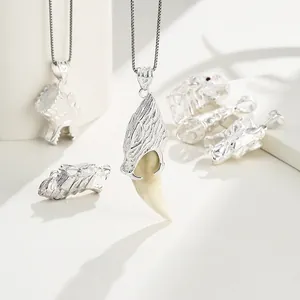 Wolf Tooth Pendant Necklace 925 Sterling Silver Ethnic Tribal Style Animal Head Jewelry For Men Women Red Cubic Zirconia