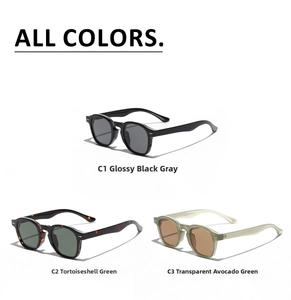 Retro round sunglasses collection in black, tortoiseshell, and olive green frame finishes