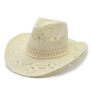 Hollow out woven cowboy hat in cream beige handmade straw with a wide brim style