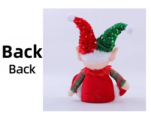 Detailed back view of Christmas elf plush featuring red and green sequin hat and plaid cuffs