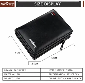 Tabella taglie dettagliata con dimensioni 12x9x2,5cm per portafoglio uomo con cerniera
