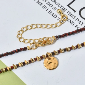 Vintage 18K gold plated stainless steel beaded necklace with red blue beads and round pendant