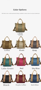 Detailed color chart of durable canvas tote bags featuring ten distinct color variants