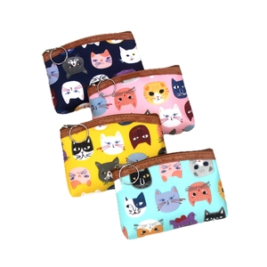 Cartoon cat canvas coin purses in four colors with zipper and metal key ring attachment